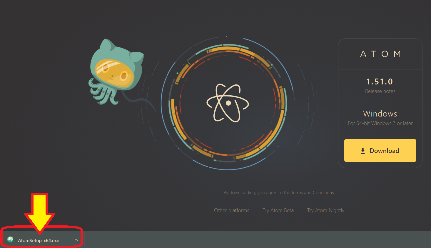 atomのダウンロードボタンをクリックした直後の画像