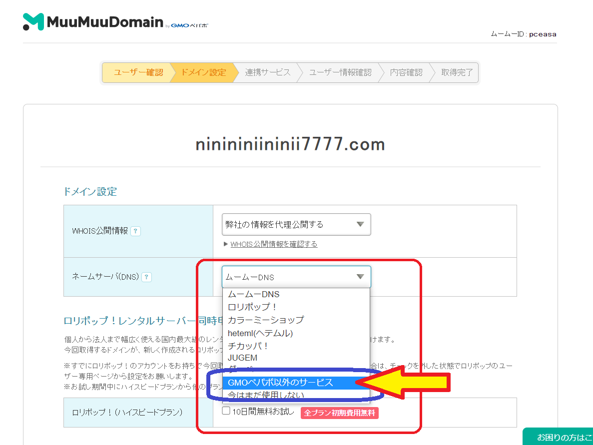ムームードメイン独自ドメイン設定画面