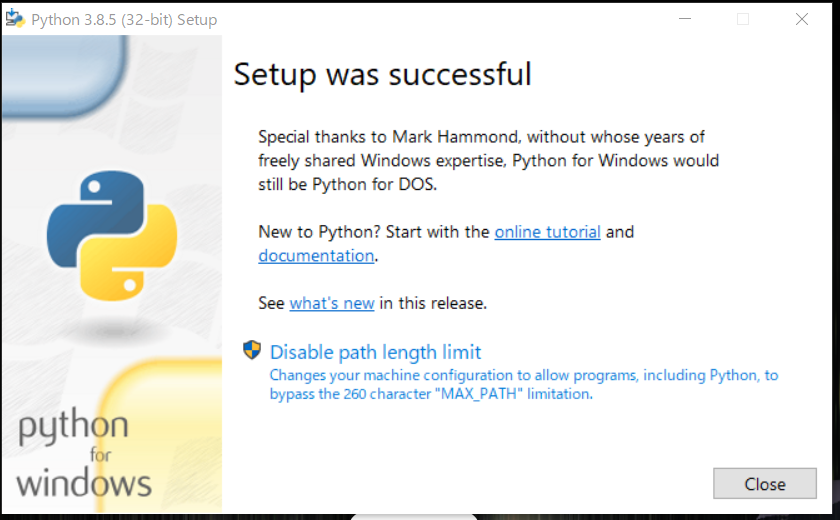 Pyhtonインストール完了画面
